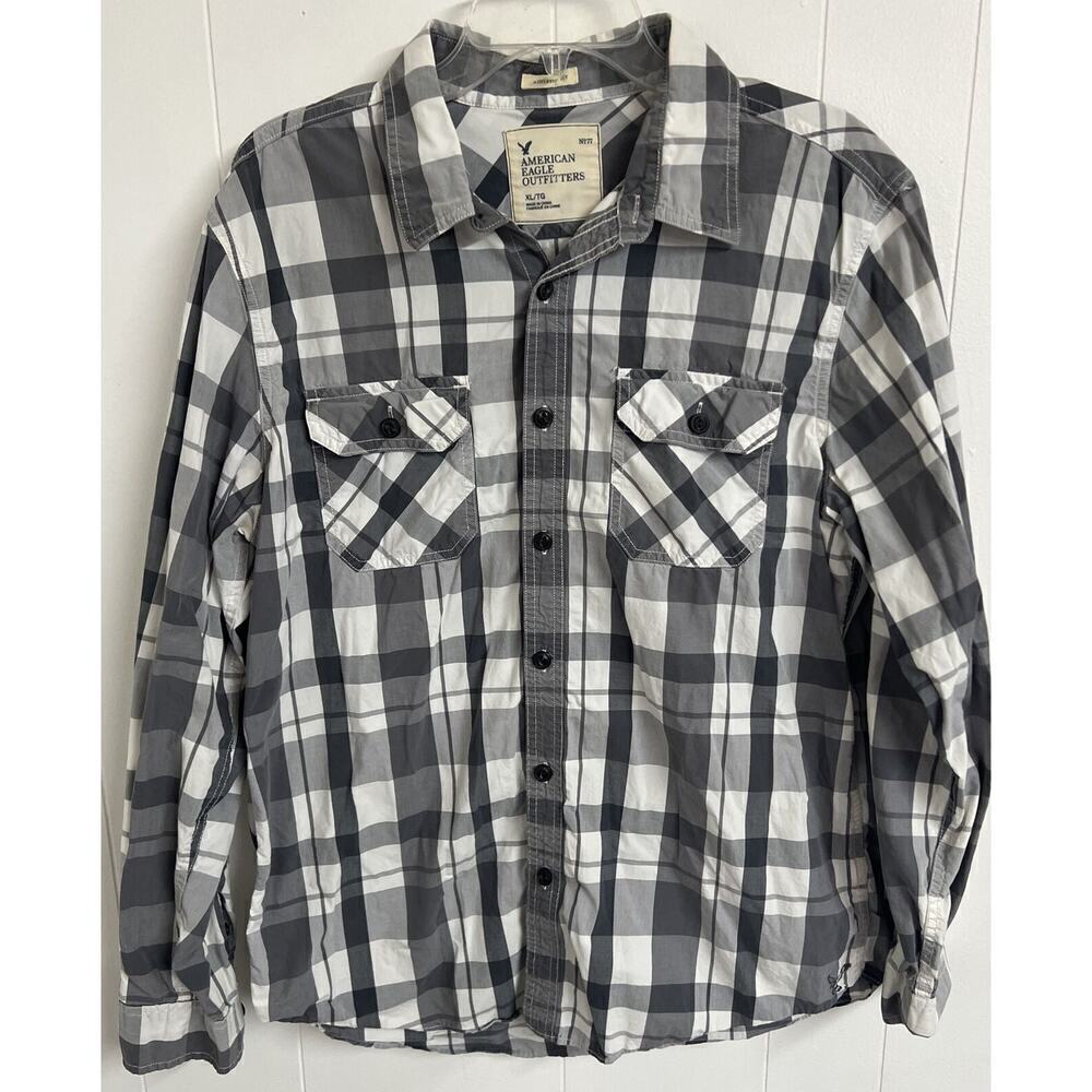 American Eagle Men's Athletic Fit Button Down Long Sleeve Collared Plaid Shirt L